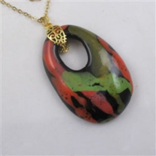 Black & Green Fair Trade Kazuri Bead Pendant on Gold Chain - VP's Jewelry
