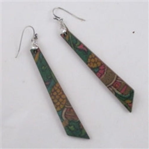Long Silk Covered Wood Earrings Green Patina - VP's Jewelry