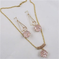 Pink Flower & Gold Pendant Necklace and Earrings - VP's Jewelry