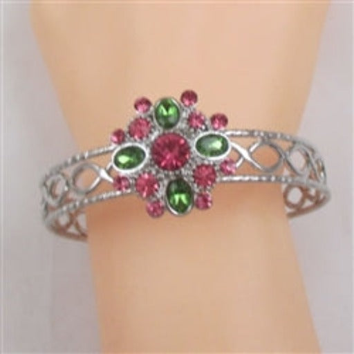 Pink & Green Multi Crystal & Silver Bangle Bracelet - VP's Jewelry