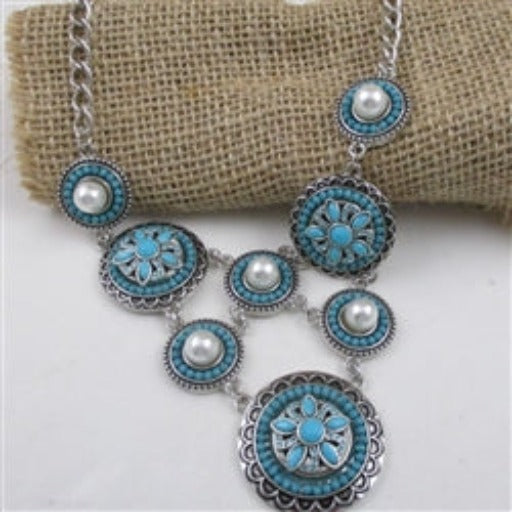Buy turquoise & pearl boho multi charm statement necklace Southwestern Style