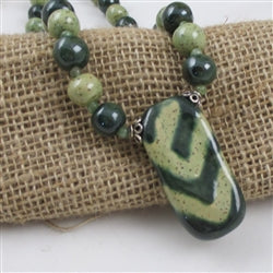 Kazuri Pendant Necklace in Dark Green & Light Green African Beads - VP's Jewelry