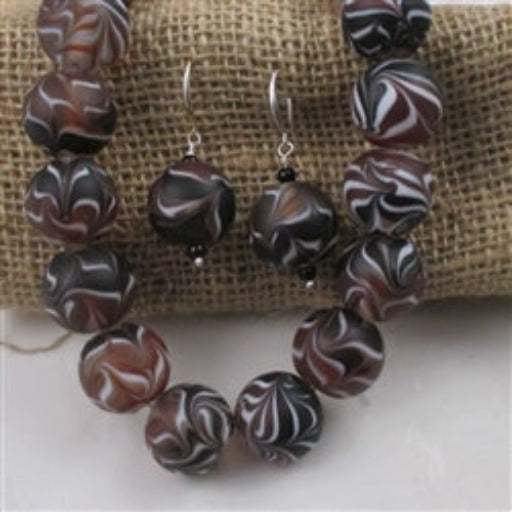 Black & White with Brown Swirl Handmade Glass Bead Necklace & Earrings - VP's Jewelry  