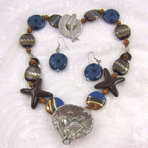 Blue Kazuri Statement Necklace with Lily Pendant & Earrings - VP's Jewelry
