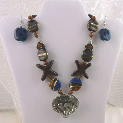 Blue Kazuri Statement Necklace with Lily Pendant & Earrings - VP's Jewelry