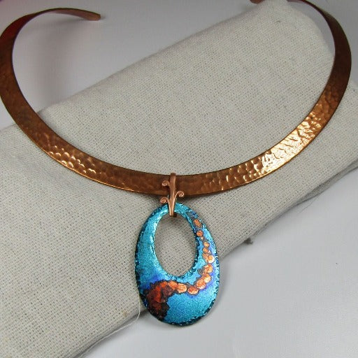 Designer Copper Neck Wire Choker with Handmade Blue Patina Pendant - VP's Jewelry