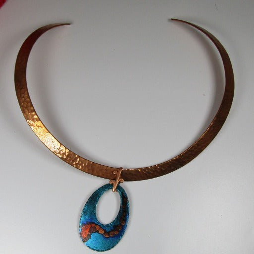 Designer Copper Neck Wire Choker with Handmade Blue Patina Pendant - VP's Jewelry