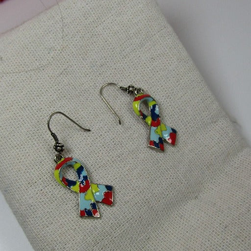 Puzzle Awareness Ribbon Earrings Multi-colored Puzzle