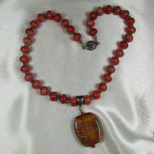 Pink Gemstone and Handmade Lampwork Pendant Necklace - VP's Jewelry