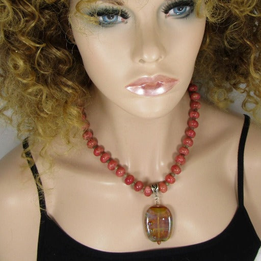 Pink Gemstone and Handmade Lampwork Pendant Necklace - VP's Jewelry