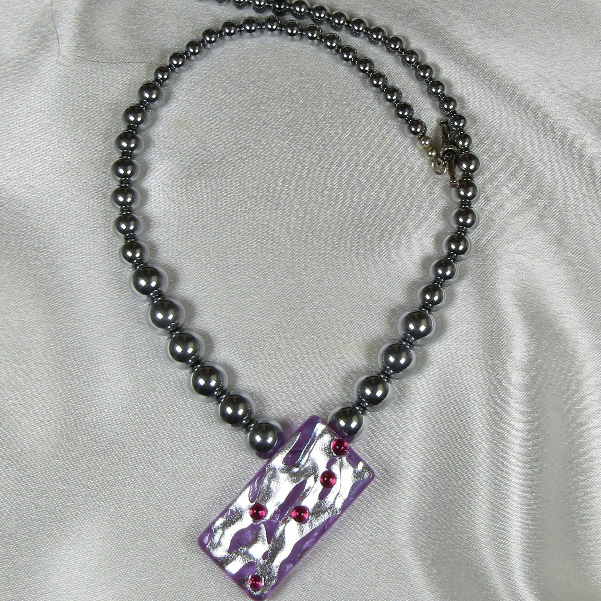 Silvery Handmade Artisan Glass Bead Lampwork Pendant Necklace  - VP's Jewelry