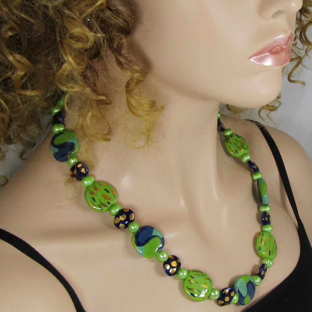 Fair Trade Kazuri Necklace Apple Green and Midnight Blue Kazuri Beads - VP's Jewelry
