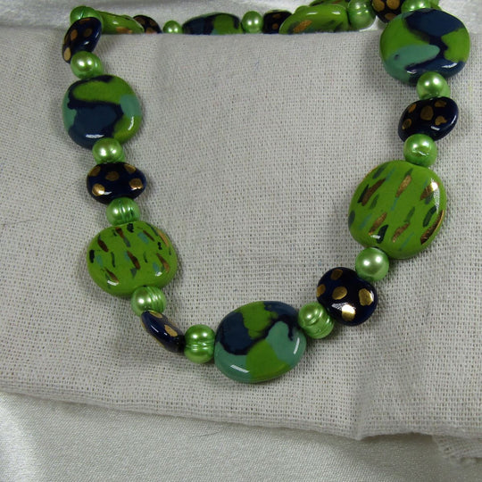 Fair Trade Kazuri Necklace Apple Green and Midnight Blue Kazuri Beads - VP's Jewelry