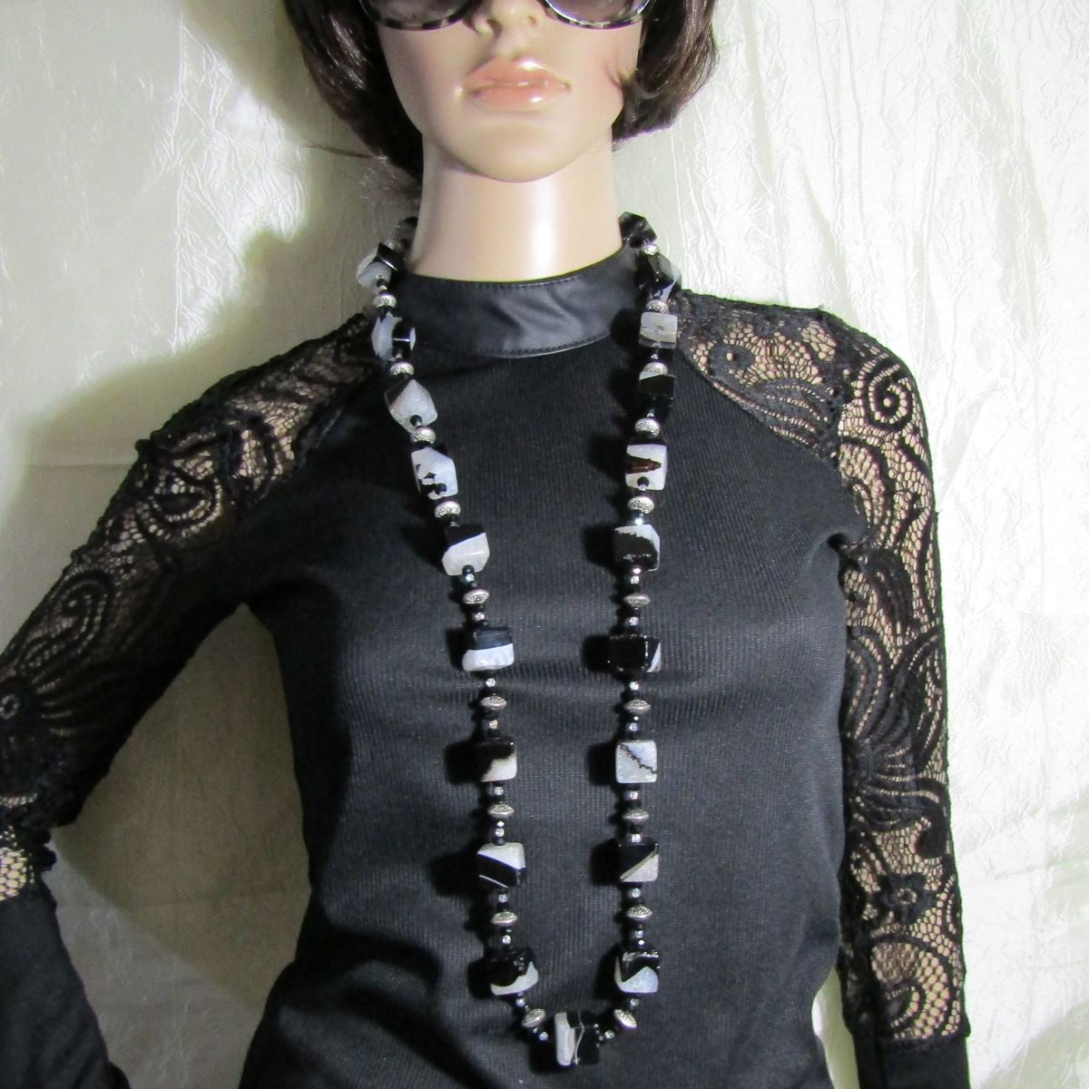 Statement Necklace Black and White Agate Long Necklace - VP's Jewelry  