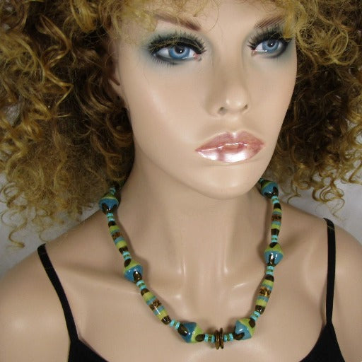 Handmade Green Turquoise & Brown Kazuri Necklace - VP's Jewelry