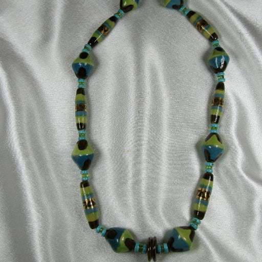 Handmade Green Turquoise & Brown Kazuri Necklace - VP's Jewelry