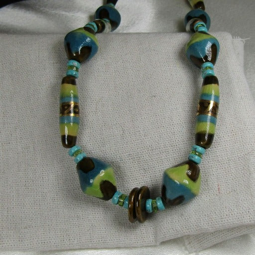 Handmade Green Turquoise & Brown Kazuri Necklace - VP's Jewelry