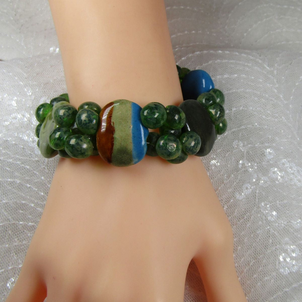 Handmade Kazuri Cuff Bangle Bracelet in Green & Blue African Beads - VP's Jewelry