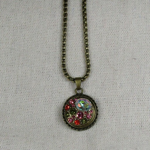 Pink, Green Multi-stoned Crystal & Antique Brass Pendant Necklace - VP's Jewelry