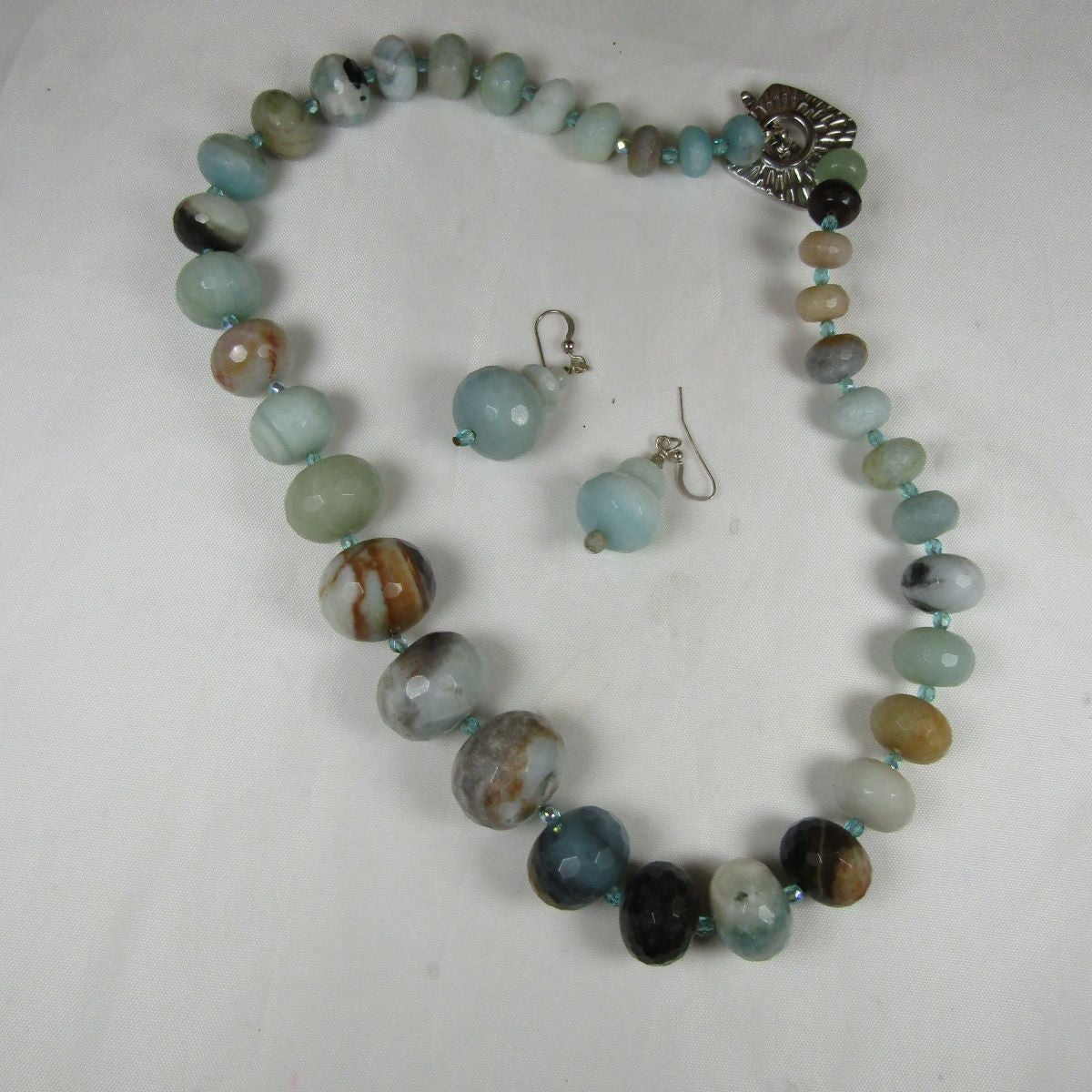 Aqua Gemstone Amazonite Beaded Necklace and Earrings - VP's Jewelry