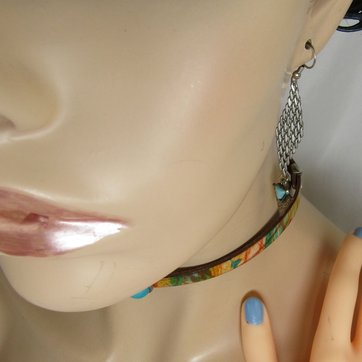 Turquoise Leather Ribbon Choker & Bracelet & Earrings Designer Set - VP's Jewelry