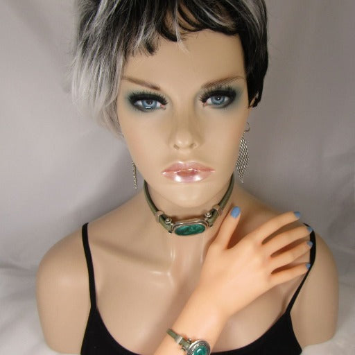 Lt. Green Leather Choker & Bracelet & Silver Earrings Designer Set - VP's Jewelry