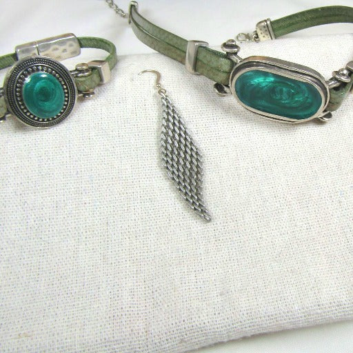 Lt. Green Leather Choker & Bracelet & Silver Earrings Designer Set - VP's Jewelry