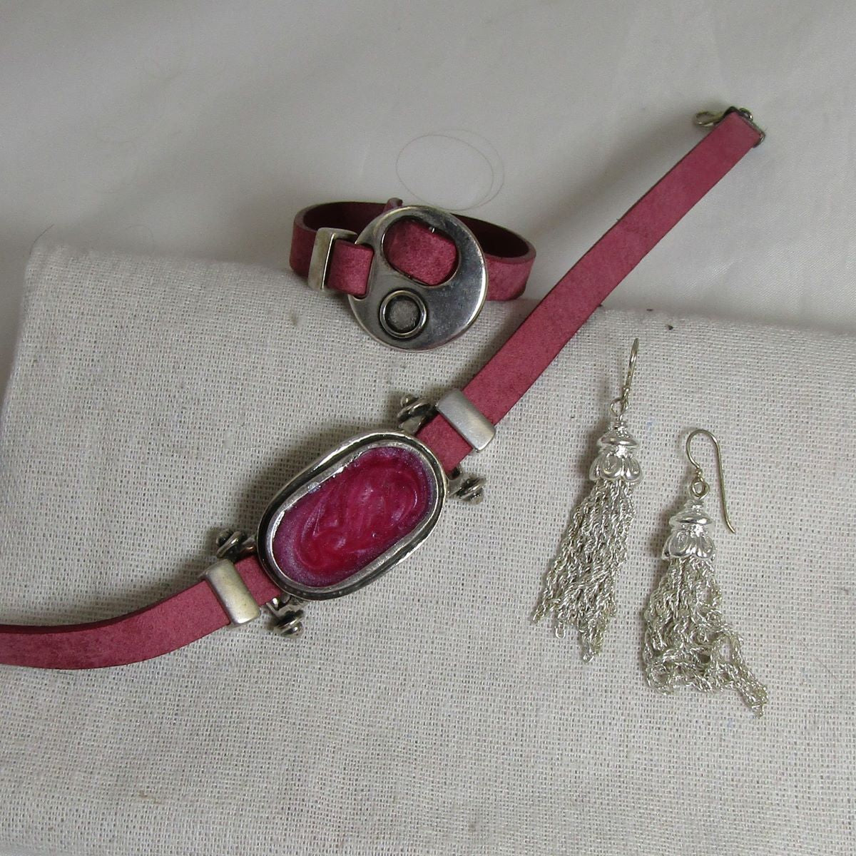 Rose Pink Leather Ribbon Choker & Bracelet & Earrings Designer Set - VP's Jewelry