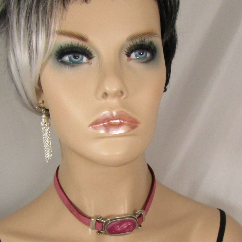 Rose Pink Leather Ribbon Choker & Bracelet & Earrings Designer Set - VP's Jewelry