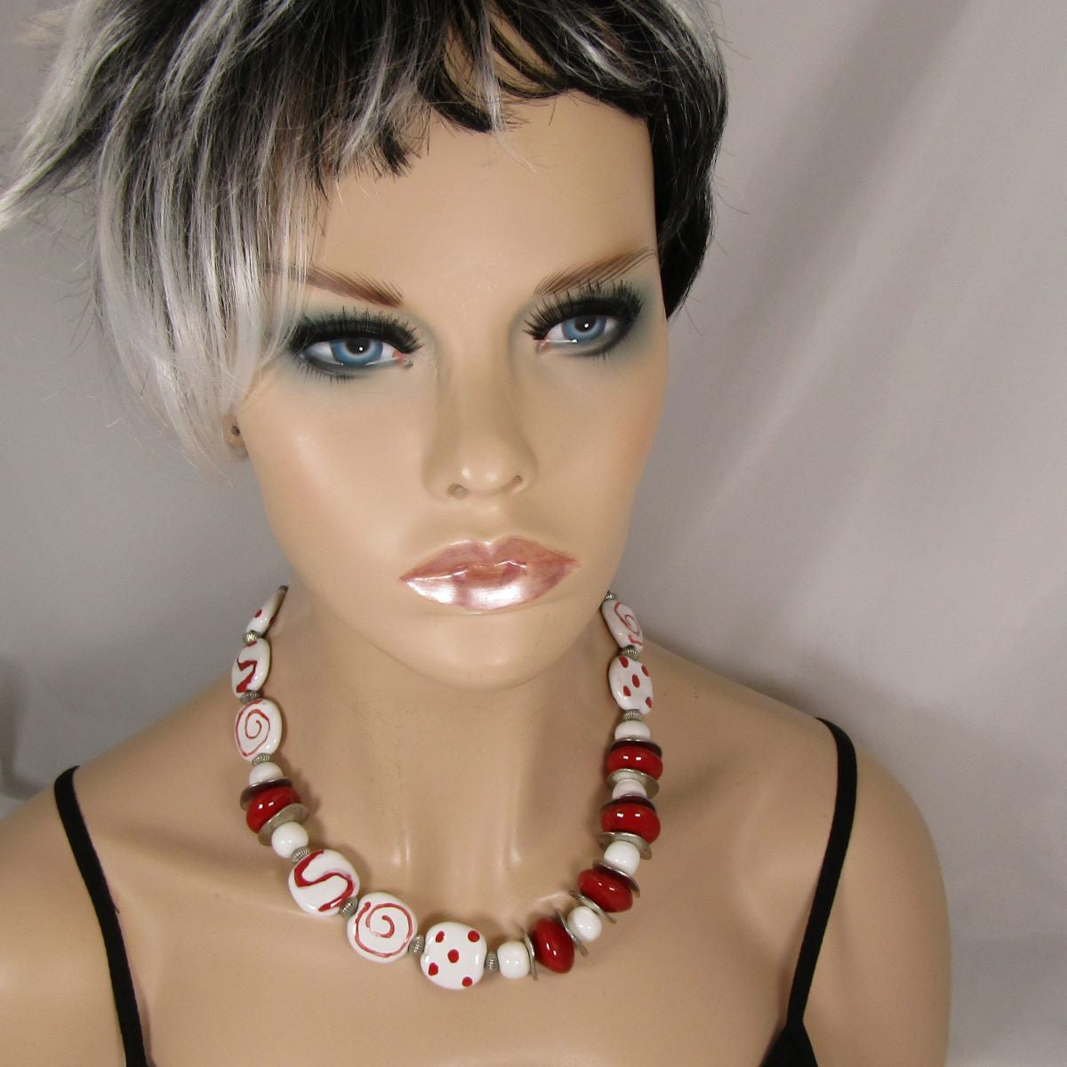 White Kazuri Necklace in Red and White Fair Trade Beads - VP's Jewelry