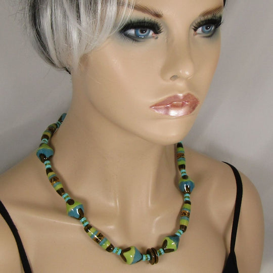 Handmade Green Turquoise & Brown Kazuri Necklace - VP's Jewelry