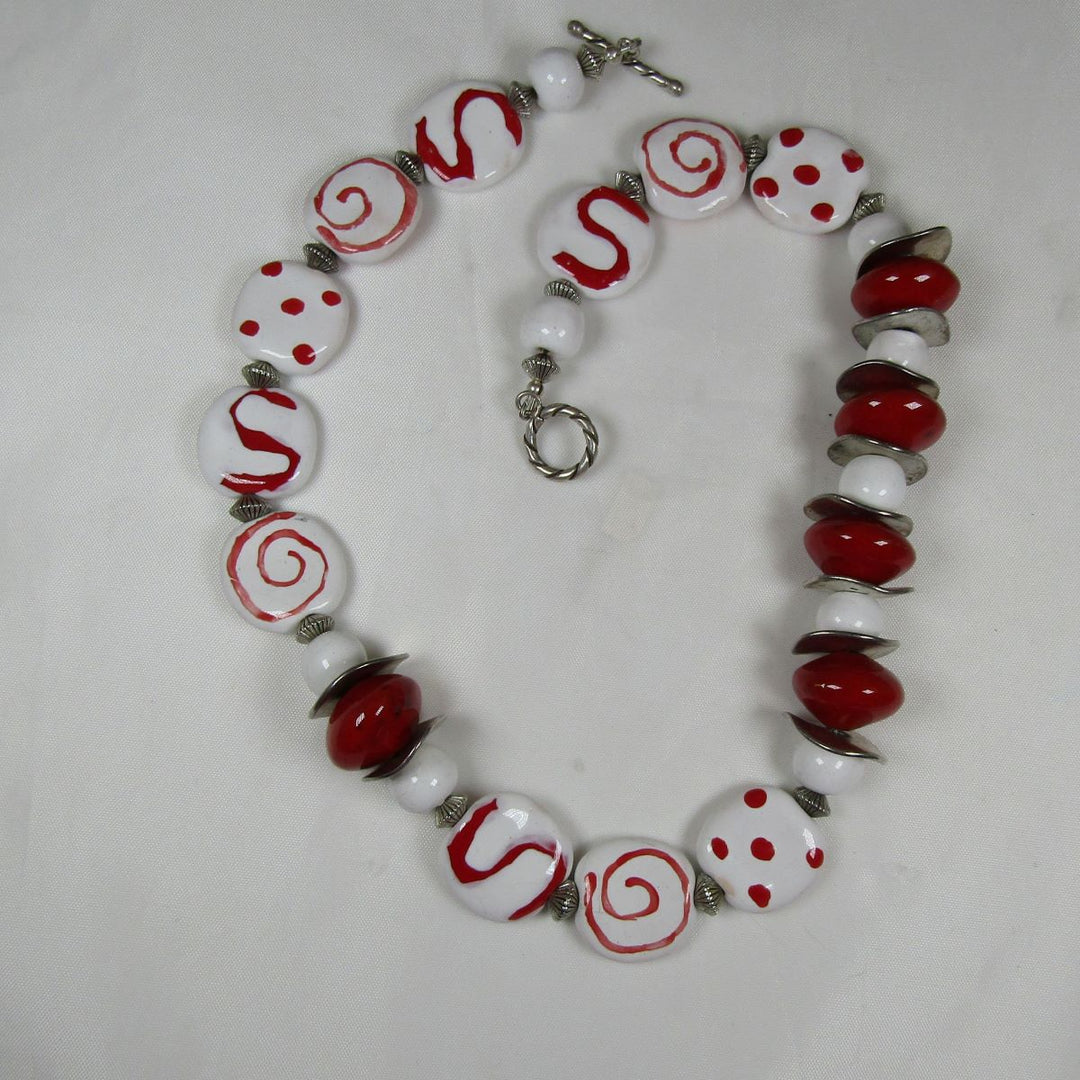 White Kazuri Necklace in Red and White Fair Trade Beads - VP's Jewelry