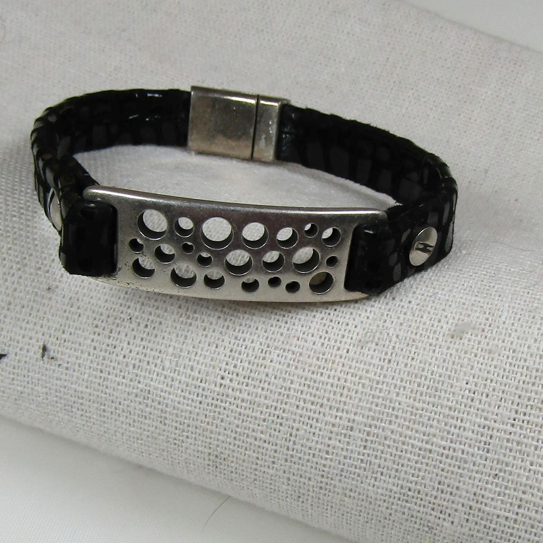 Black Leather Bracelet with Silver Cut Out ID Panel - VP's Jewelry