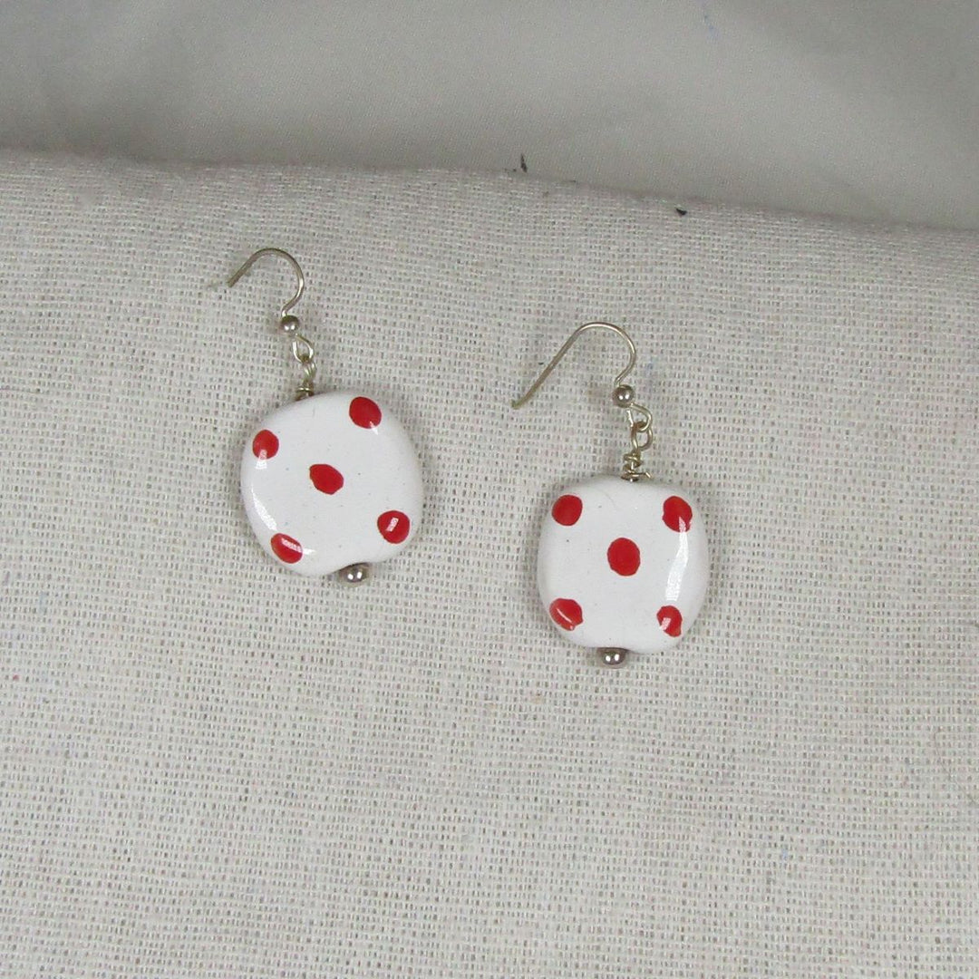 White and Red Kazuri Earrings Fair Trade Bead Drop Earrings - VP's Jewelry