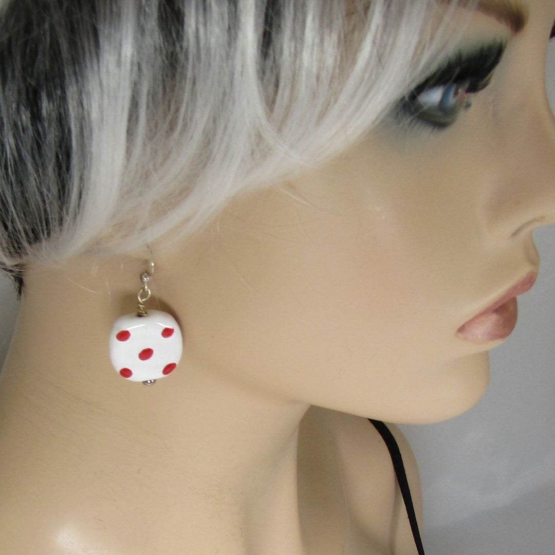 White and Red Kazuri Earrings Fair Trade Bead Drop Earrings - VP's Jewelry