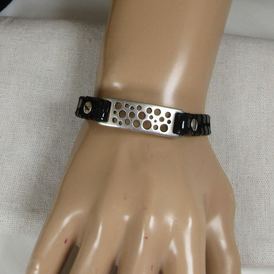 Black Leather Bracelet with Silver Cut Out ID Panel - VP's Jewelry