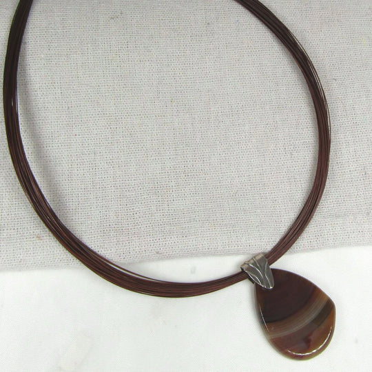 Agate Pendant Necklace with Multi-strand Brown Twisted Neck Wire - VP's Jewelry