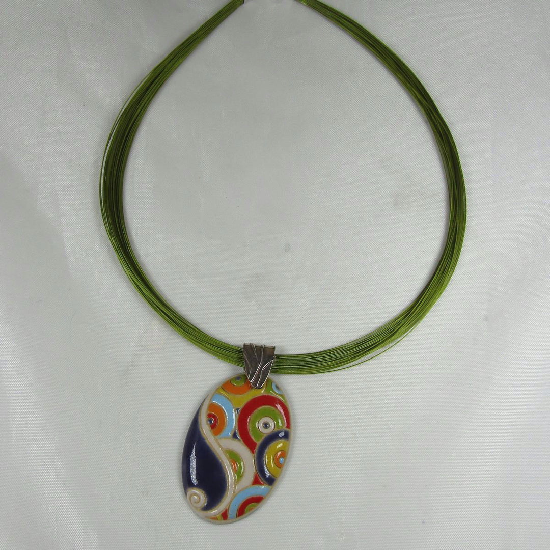 Green Necklace with a Multi-colored Handmade Pendant - VP's Jewelry