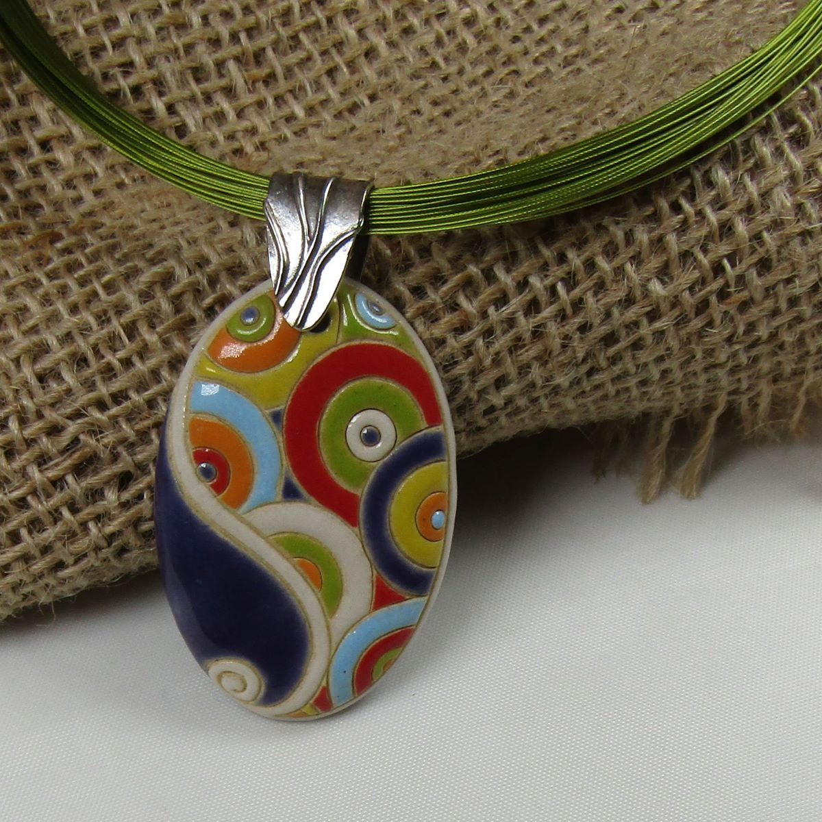 Green Necklace with a Multi-colored Handmade Pendant - VP's Jewelry