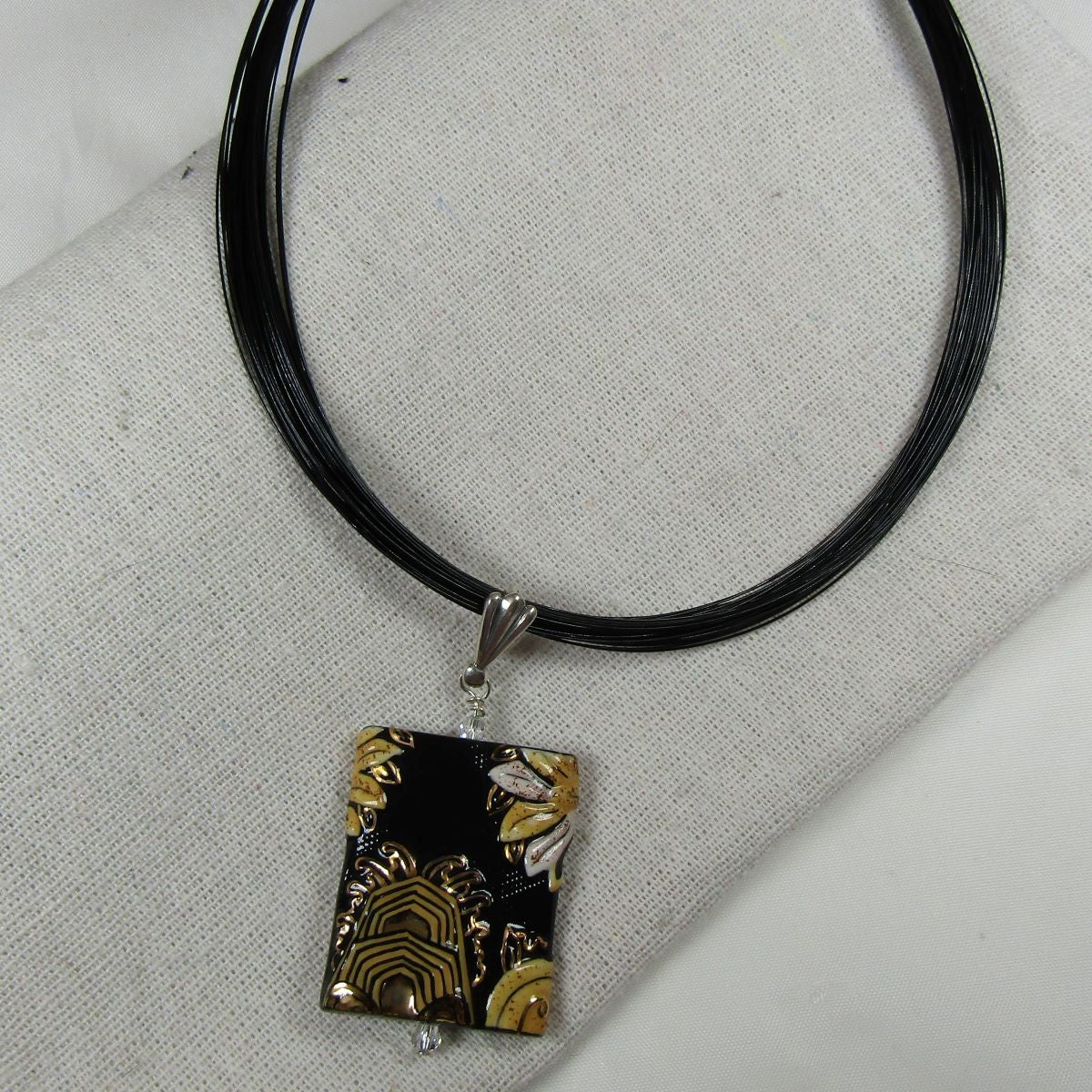 Handmade Artisan Black and Gold Pendant on Multi-strand Black Necklace - VP's Jewelry