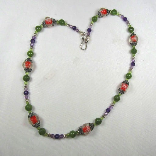Green Jade, Amethyst and Handmade Lampwork Bead Necklace - VP's Jewelry  
