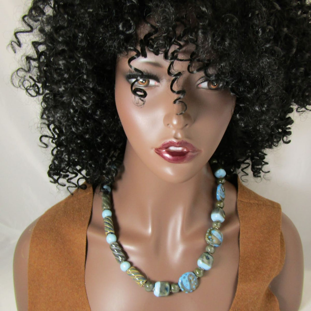 Turquoise and Green African Bead Kazuri Necklace - VP's Jewelry