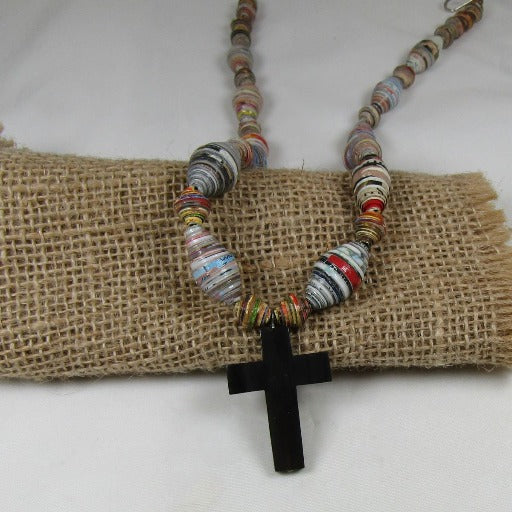 Man's Multi-colored Paper Beads and Horn Cross Necklace