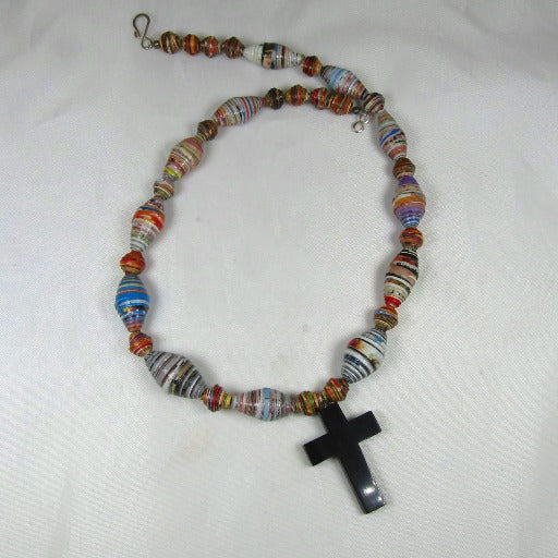 Man's Multi-colored Paper Beads and Horn Cross Necklace