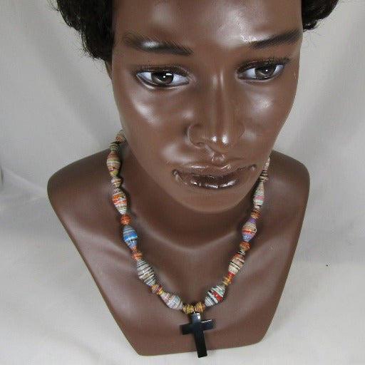 Man's Multi-colored Paper Beads and Horn Cross Necklace