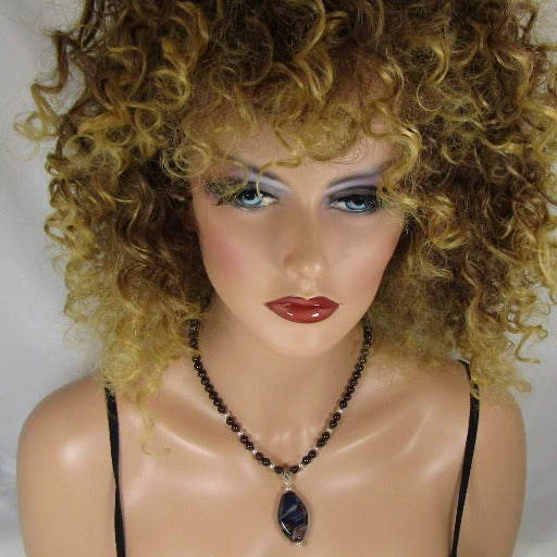 Garnet Necklace with Black Swirled with Garnet Lampwork Bead Pendant - VP's Jewelry 