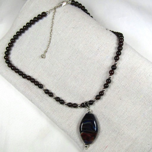 Garnet Necklace with Black Swirled with Garnet Lampwork Bead Pendant - VP's Jewelry 