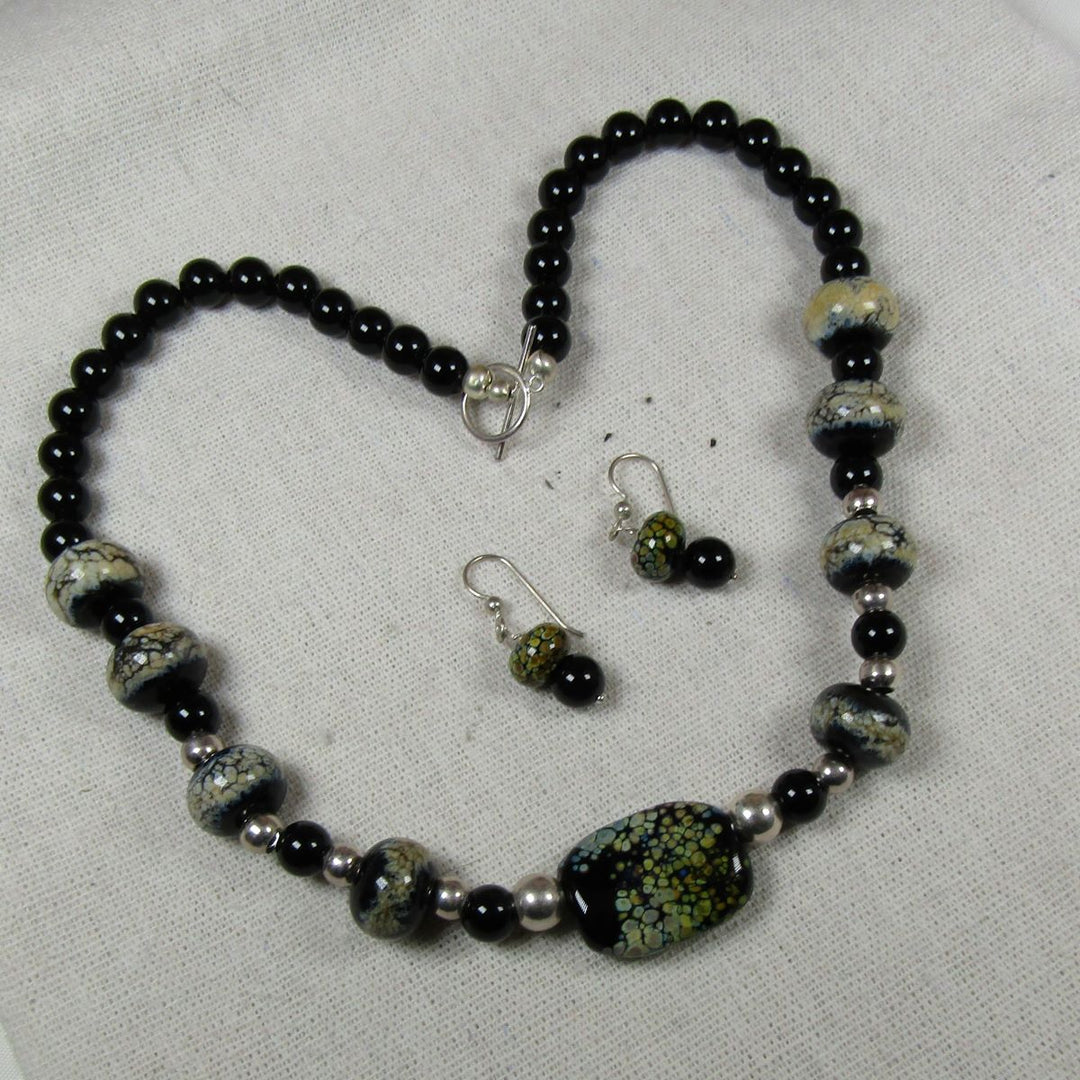 Handmade Black Artisan Lampwork and Onyx Necklace and Earrings - VP's Jewelry  