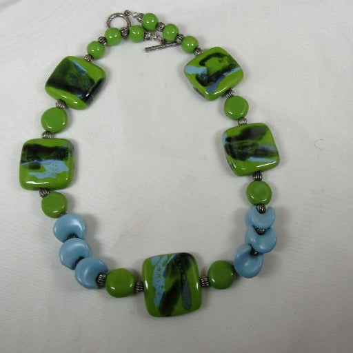 Handmade Kazuri Necklace in Green Apple and Matt Turquoise - VP's Jewelry