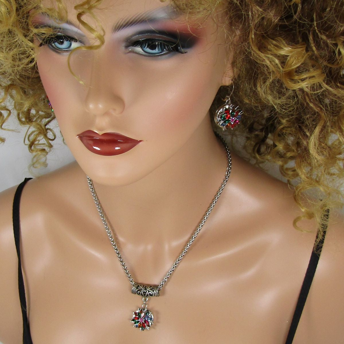 Multi-colored Crystal & Silver Pendant Necklace & Earrings - VP's Jewelry